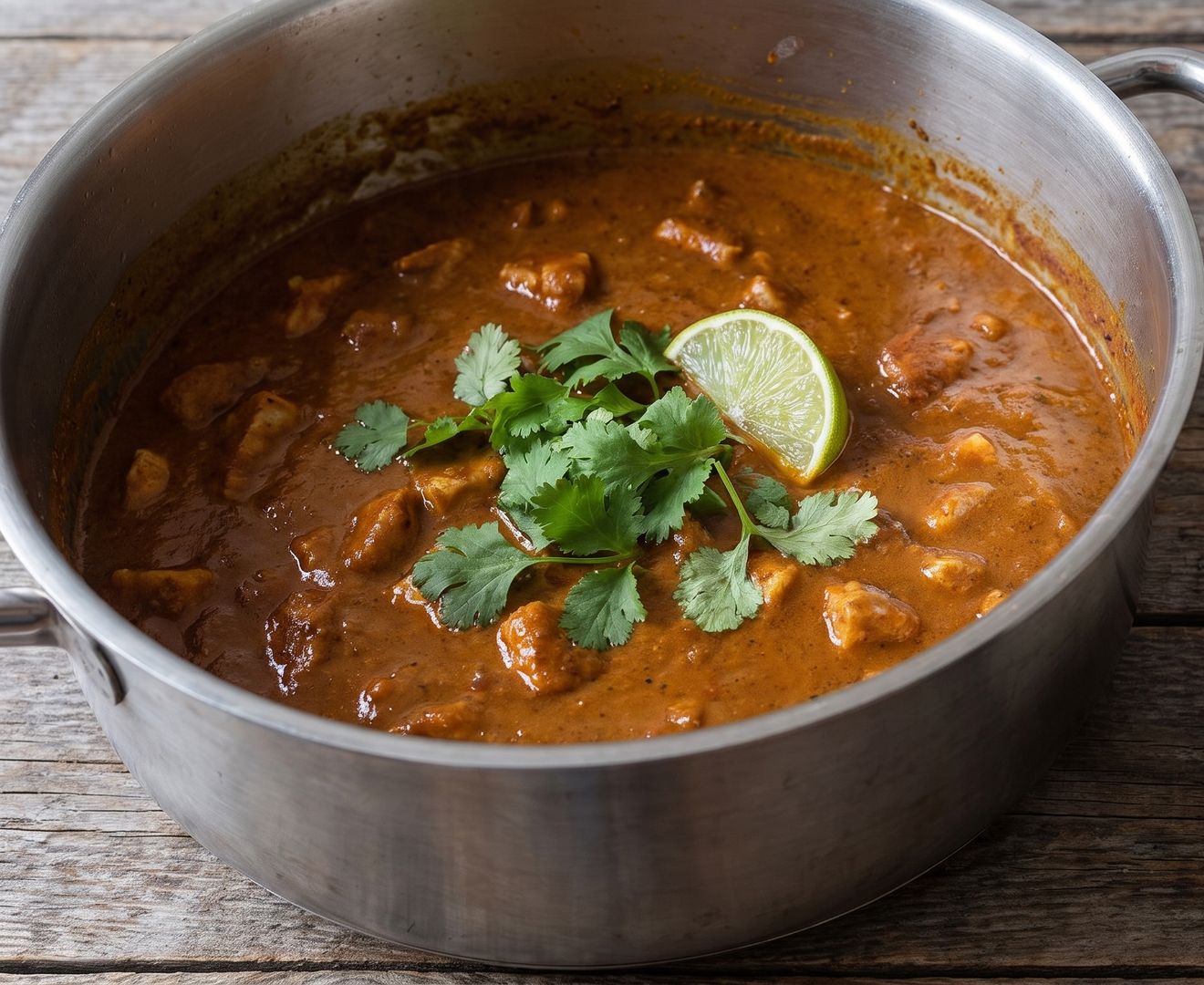 Pot of chicken panang curry topped with fresh coriander and a lime wedge, next to a bowl of white rice