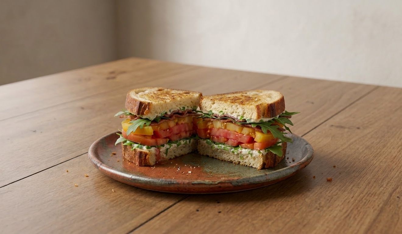Toasted BLT cut in half on a ceramic plate, layered with green onion cream cheese, arugula, red and yellow tomatoes, and bacon